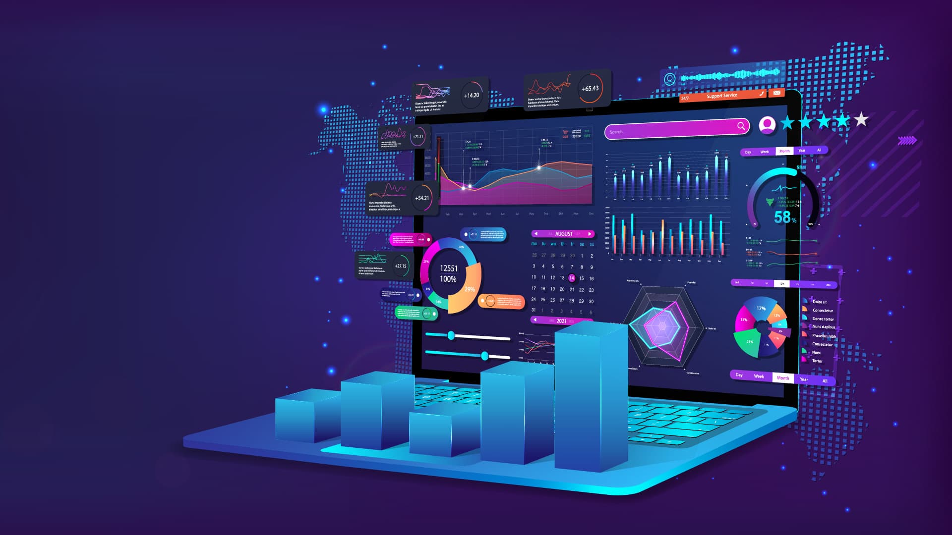Business analysis and analytics online through the application on a laptop. Dashboard app with business analytics data, charts, investment, trade and finance management.