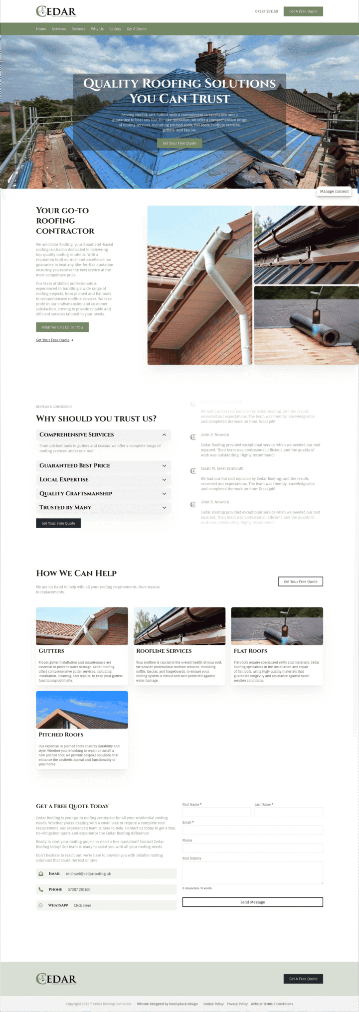 Screenshot of a roofing contractor’s website featuring images of roof repairs, service descriptions, trust guarantees, a quote request form, and navigation menu.
