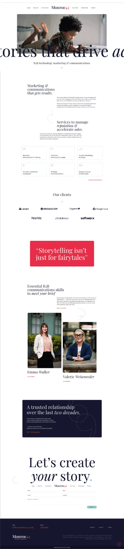 Screenshot of Monroe14's homepage featuring sections on their storytelling services for businesses, client logos, testimonials, team member profiles, and a call to action to create impactful stories.