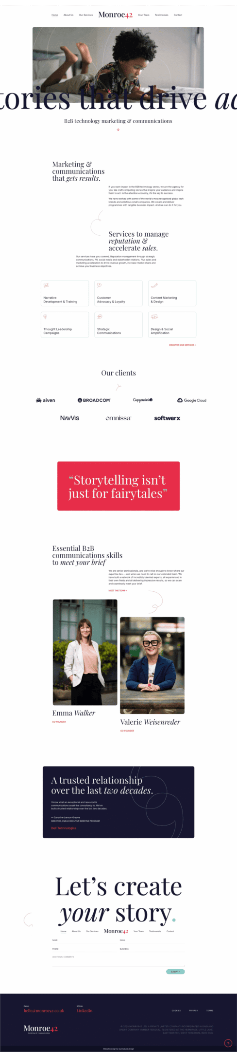 Screenshot of Monroe14's homepage featuring sections on their storytelling services for businesses, client logos, testimonials, team member profiles, and a call to action to create impactful stories.
