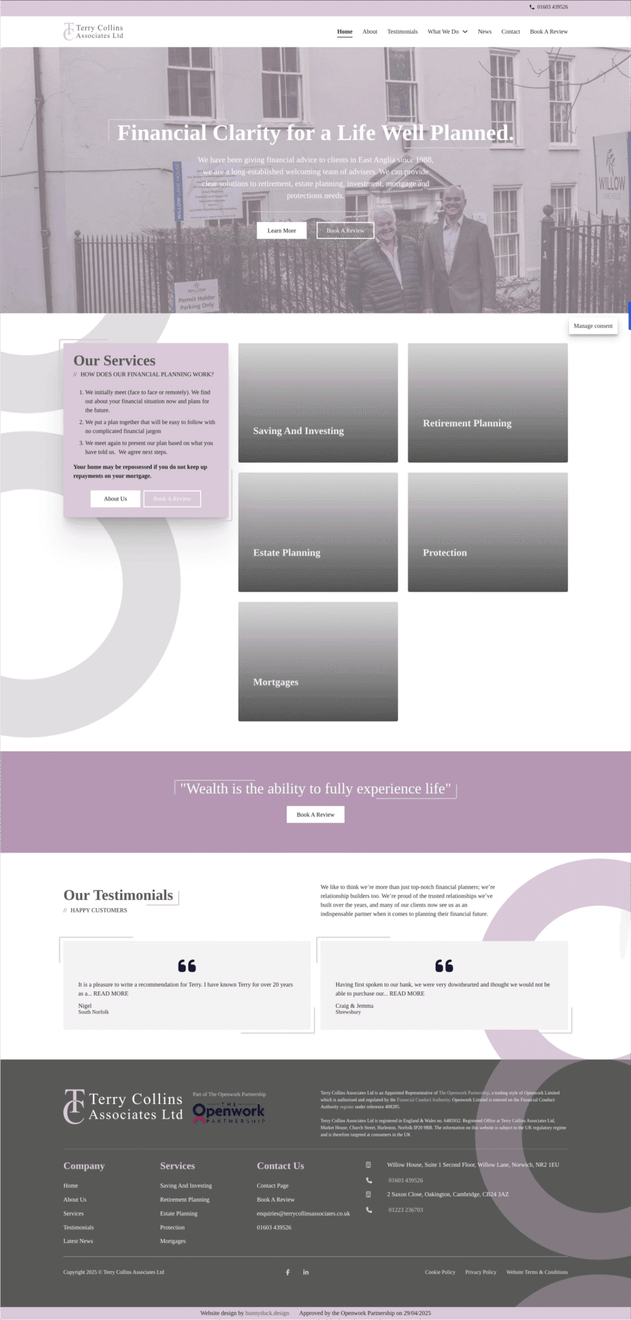 Screenshot of a financial advisory website with navigation menu, service descriptions, testimonials, and contact details, featuring a banner image of two men outside a building.